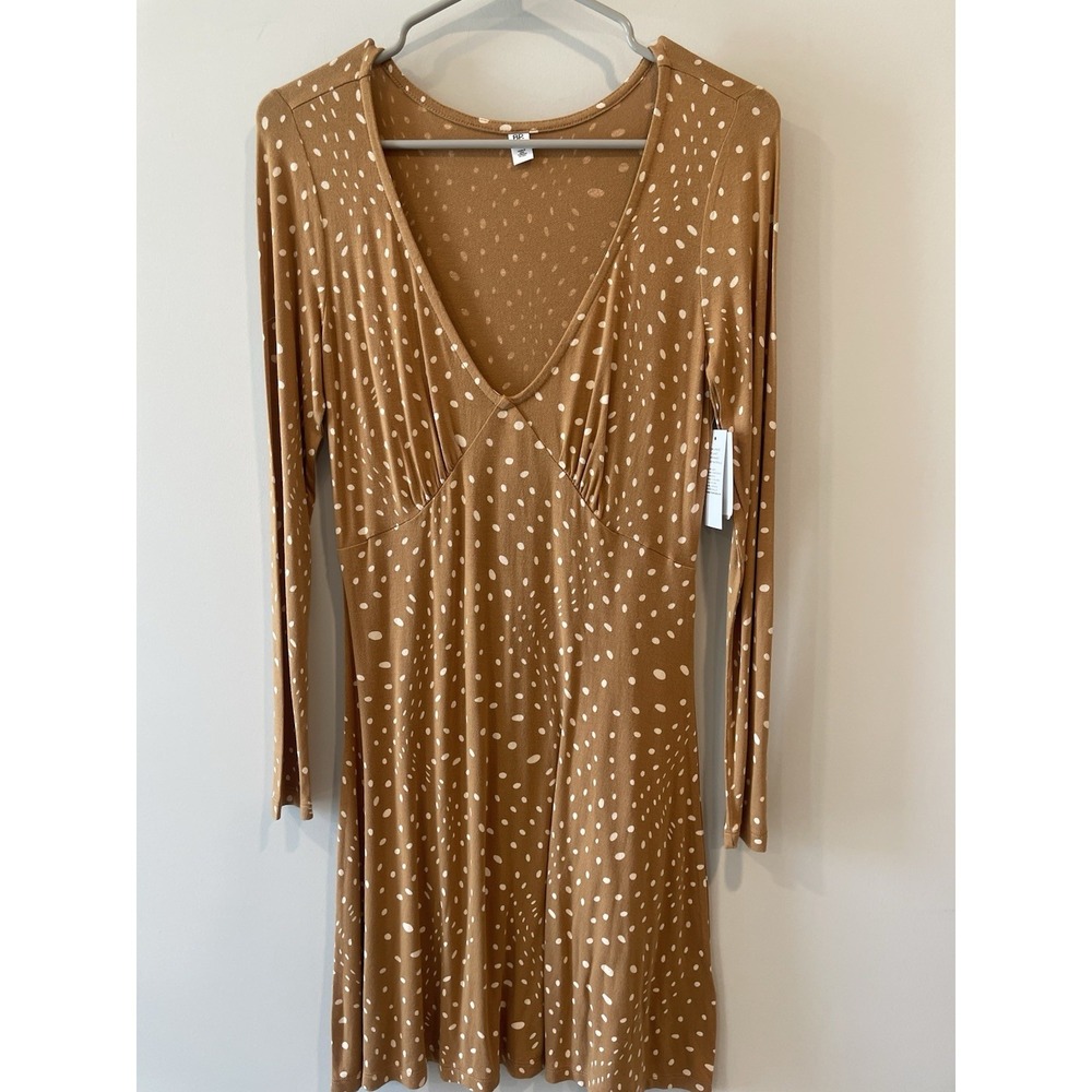 BP Nordstrom Camel Polka Dot Dress Size S NWT Long Sleeve Stretchy